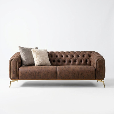Chesterfield four-seater sofa, 4-seater, seat polyester, brown faux leather