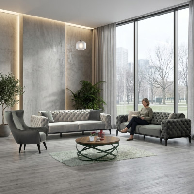 Chesterfield Sofa Set Sofa 3+1 Seater Fabric Grey Luxury Sofas Seat