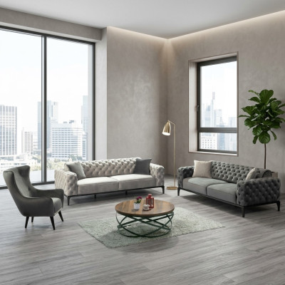Chesterfield Sofa Set Sofa 3+1 Seater Fabric Grey Luxury Sofas Seat