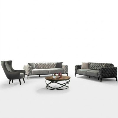 Chesterfield Sofa Set Sofa 3+1 Seater Fabric Grey Luxury Sofas Seat