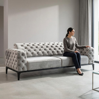 Three-seater Sofa 3-Seater Sofas Fabric White Living Room Chesterfield New