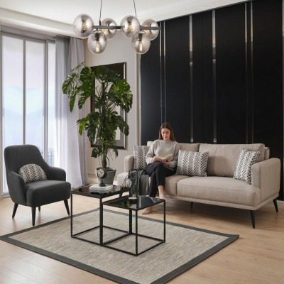 Sofa set 3-seater armchair fabric beige modern polyester set