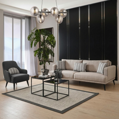 Sofa set 3-seater armchair fabric beige modern polyester set