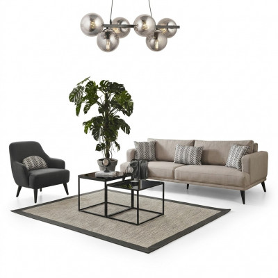 Sofa set 3-seater armchair fabric beige modern polyester set