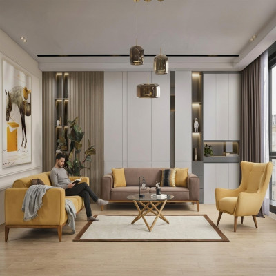 Sofa Suite Complete Sofa 431-Seater Armchair Fabric Yellow Set 3-piece New