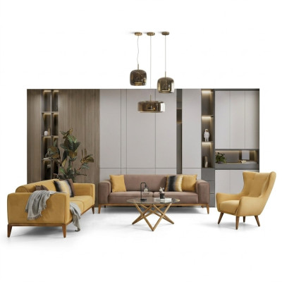 Sofa Suite Complete Sofa 431-Seater Armchair Fabric Yellow Set 3-piece New