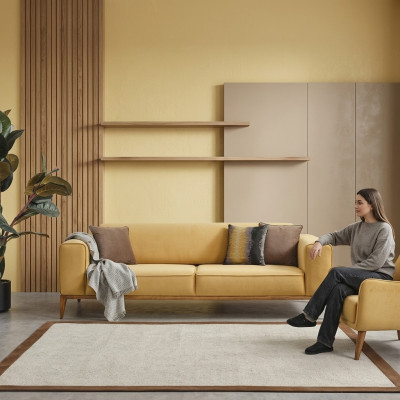 Three-seater sofa, 3-seater sofas, yellow fabric, luxury modern living room seating.