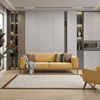 Three-seater sofa, 3-seater sofas, yellow fabric, luxury modern living room seating.