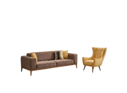 Sofa set 4-seater armchair yellow fabric brown modern four-seater