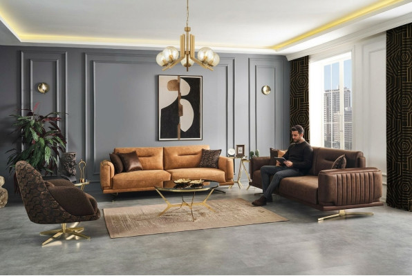 Sofa Set Complete Sofa 431 Seats Armchair Synthetic Leather Brown Set 3-piece