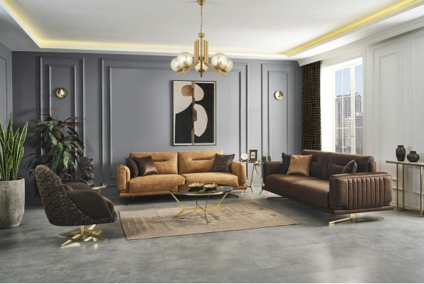 Sofa Set Complete Sofa 431 Seats Armchair Synthetic Leather Brown Set 3-piece
