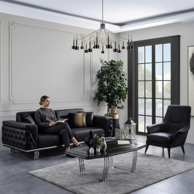 Complete Sofa Set Sofa 41 Seat Armchair Faux Leather Black 2-piece Set
