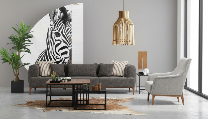 Three-seater sofa set modern armchair fabric gray living room set