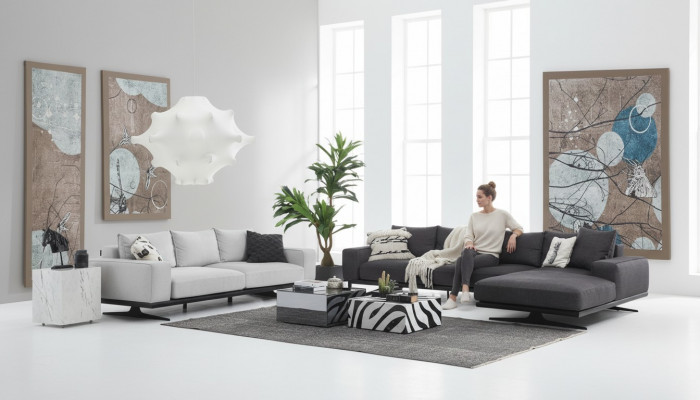 Sofa set corner sofa L-shape two-seater armchair fabric gray 3-piece
