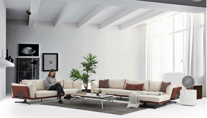 Corner sofa set L-shaped 3-seater beige modern fabric sofa set corner