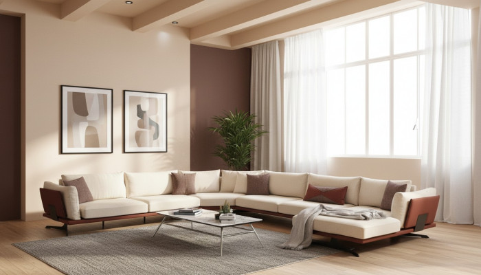 Corner sofa set L-shaped 3-seater beige modern fabric sofa set corner