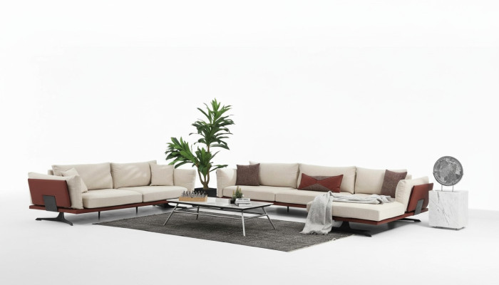 Corner sofa set L-shaped 3-seater beige modern fabric sofa set corner