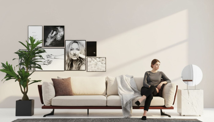 Three-seater sofa, 3-seater, fabric, beige, modern design, living room luxury