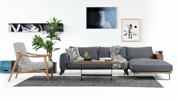 Living room corner sofa L-shape sofa set fabric grey modern design