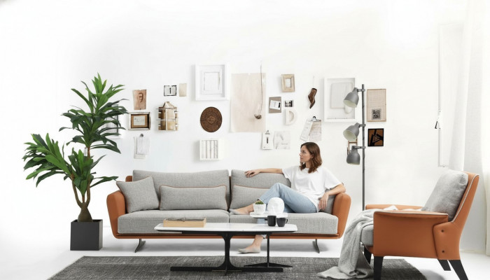 Living room sofa set 3-1 seater, orange fabric armchair three-seater