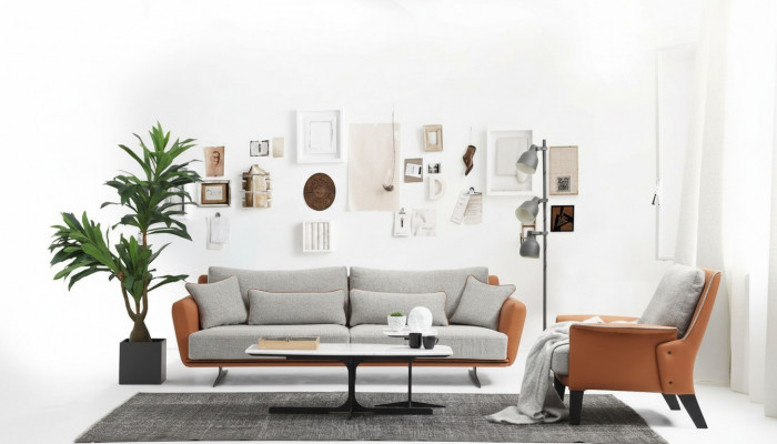 Living room sofa set 3-1 seater, orange fabric armchair three-seater