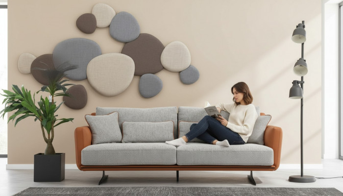 Three-seater sofa, 3-seater fabric, orange modern design, living room gray