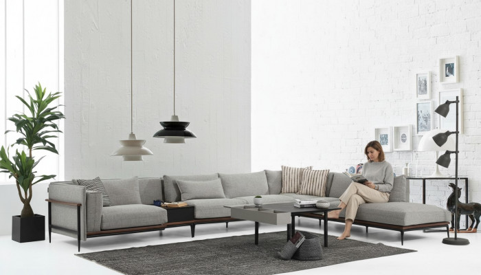 Sectional Sofa L-Shape Sofa Grey Modern Fabric Design Living Room Polyester XXL