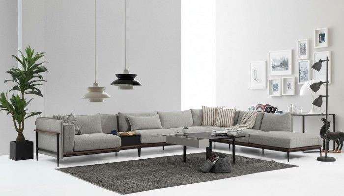 Sectional Sofa L-Shape Sofa Grey Modern Fabric Design Living Room Polyester XXL
