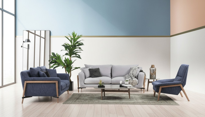 Complete sofa set 3-2-1 seater fabric set blue