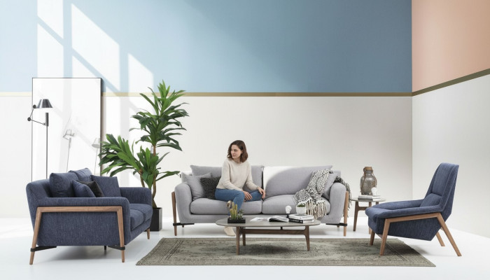 3-piece sofa set: 2-seat sofa, modern fabric set, blue group, living room