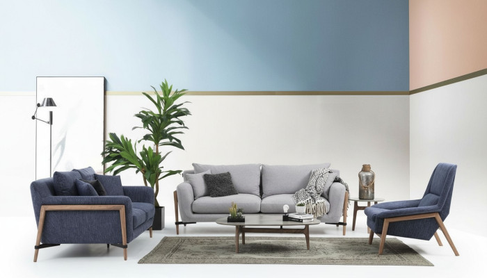 3-piece sofa set: 2-seat sofa, modern fabric set, blue group, living room