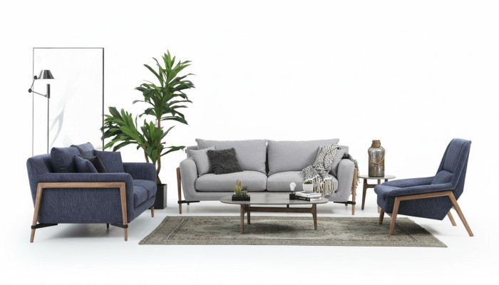3-piece sofa set: 2-seat sofa, modern fabric set, blue group, living room
