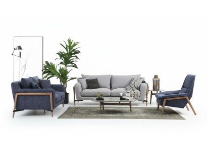 3-piece sofa set: 2-seat sofa, modern fabric set, blue group, living room