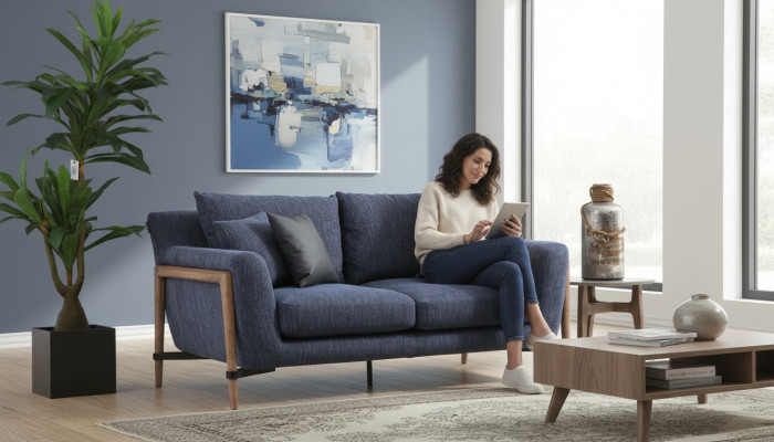 Three-seater sofa, fabric modern sofa design, living room blue.