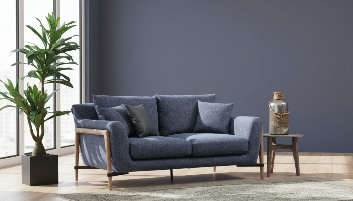 Three-seater sofa, fabric modern sofa design, living room blue.