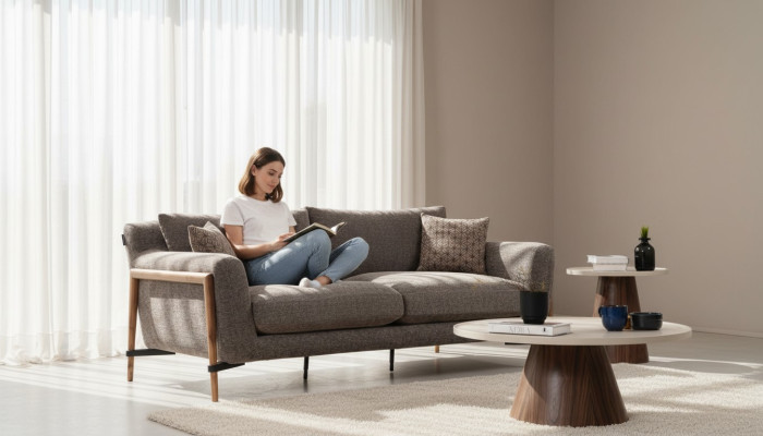 Three-seater sofa, 3-seater fabric, modern sofa design, living room, gray.