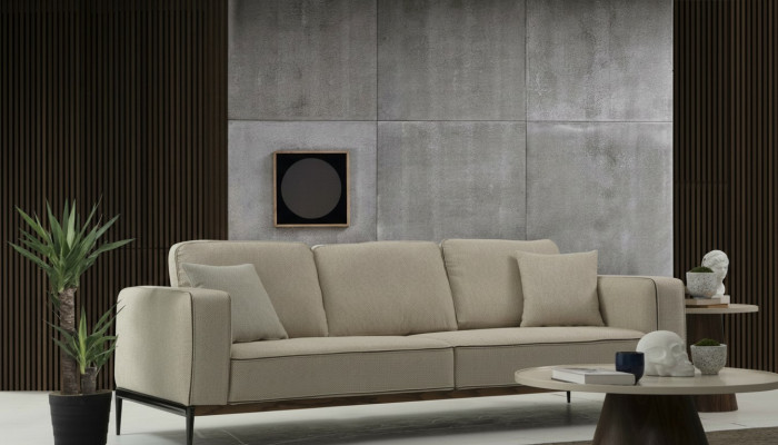 Four-seater sofa, fabric sofas, modern design, living room, beige.