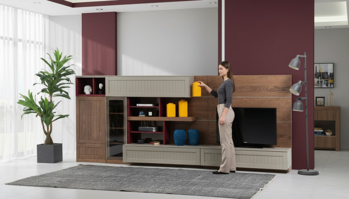 Living room wall TV stand RTV lowboard display cabinet wood modern brown living room