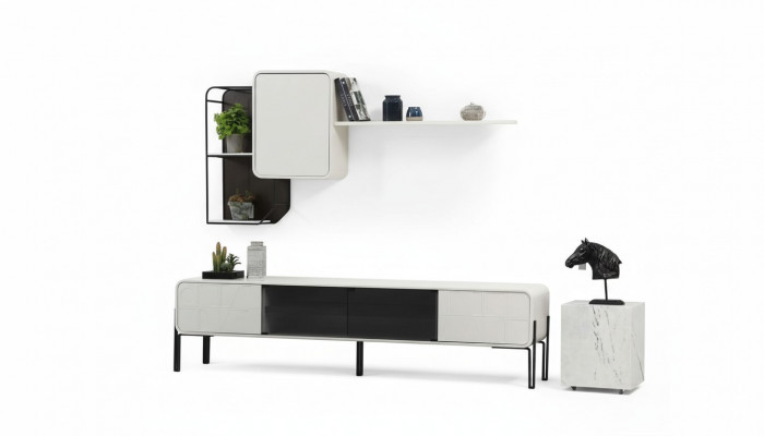 Living wall RTV lowboard shelves cabinet TV stand set wood modern white