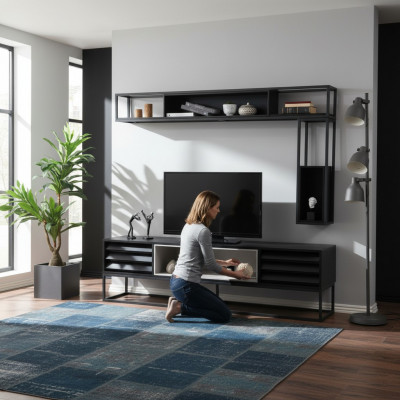 Wall unit RTV lowboard shelves TV stand set wood modern black design
