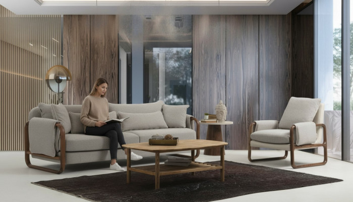 4-seater sofa set, armchair, four-seater, modern fabric gray set design