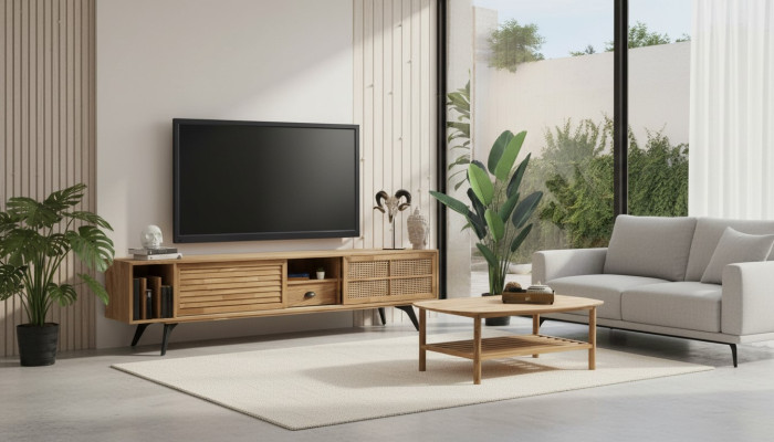 TV stand, RTV lowboard, coffee table, brown wood, modern living room set