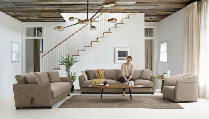 Modern Sofa Set 331 Armchair Three-Seater Modern Fabric Beige Set 3-piece