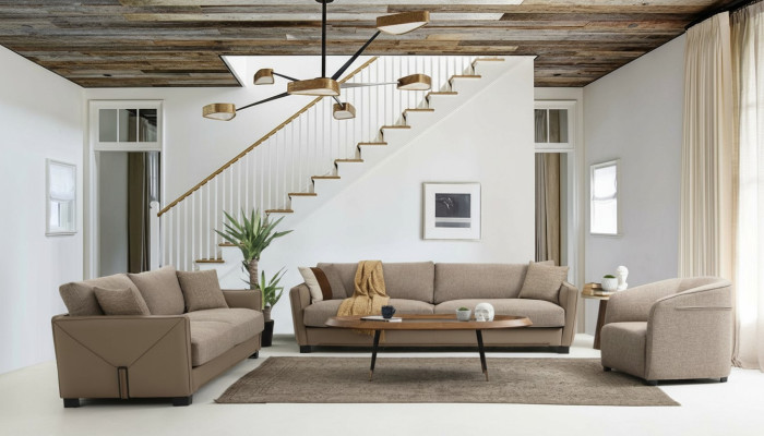Modern Sofa Set 331 Armchair Three-Seater Modern Fabric Beige Set 3-piece