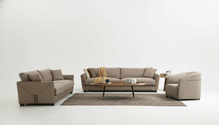 Modern Sofa Set 331 Armchair Three-Seater Modern Fabric Beige Set 3-piece