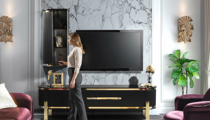 Modern lowboard luxury RTV TV stand living room furniture black gold