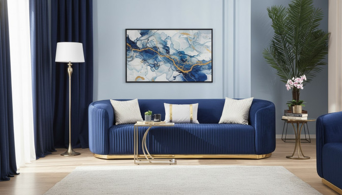 Stainless Steel Three-Seater Luxury Sofa Blue Living Room Furniture Upholstered Sofas Couches