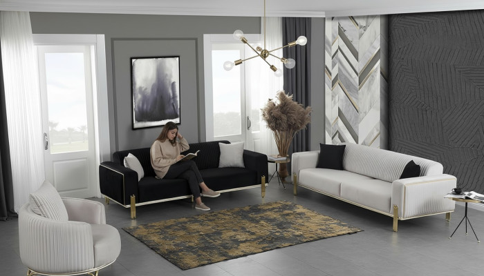 Luxury Sofa Set Three-Seater Modern Armchair Fabric Furniture Set 3pcs Black 3+3+1