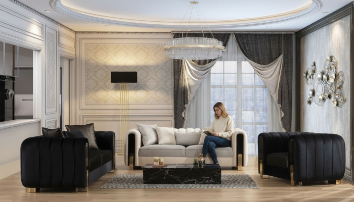 Modern Sofa Set 2x Three-Seater + Armchair Upholstered Furniture Stainless Steel Furniture 3-piece