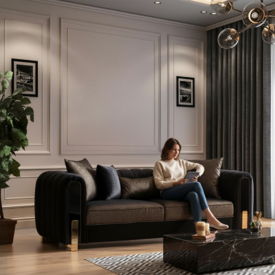 Sofa Three-Seater Three-Seater Modern Fabric Black Sofas Design Living Room